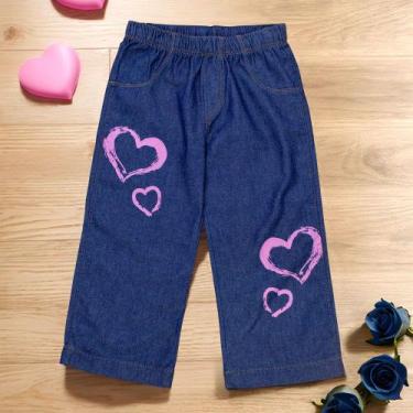Imagem de Calça Wide Leg Jeans Escuro Infantil - Tema Corações Rosa - Era Uma Ve