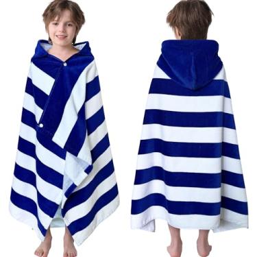 Imagem de VOOVA & MOVAS Toalha de praia infantil com capuz (3 a 10 anos, 76 x 127 cm) - Toalha absorvente macia 100% algodão para meninos, piscina, banho, natação e praia - Design listrado de cabana azul