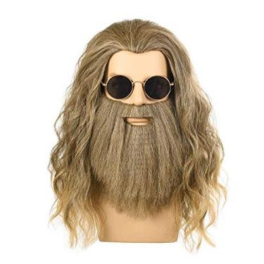 Imagem de FALAMKA Peruca longa loira encaracolada Thor peruca com bigode masculina marrom cosplay Amine fantasia Halloween