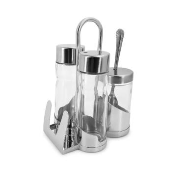Imagem de Kit Galheteiro 3 Peças em Vidro e Inox com Suporte Porta Guardanapos Porta Azeite Vinagre Temperos para Mesa Cozinha