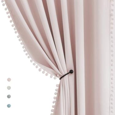 Imagem de Cortinas rosa meio blackout 137 cm painéis de cortina pompons rosa para quarto de berçário, cortinas térmicas para bebês meninas, bolso para varão, 2 peças