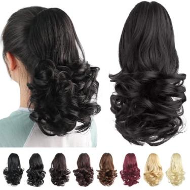 Imagem de Extensão de rabo de cavalo, extensões de cabelo preto HSPJHTM, garra de extensão de rabo de cavalo para mulheres, cabelo cacheado, 30,5 cm, extensões de cabelo sintético de rabo de cavalo muito curto e volumoso, ondulado, preto natural