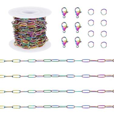 Imagem de Spritewelry Corrente de aço inoxidável de 4,6 m com clipe de papel arco-íris kit de fabricação de correntes artesanais com 15 fechos de garra de lagosta e 30 anéis de salto para fabricação de joias