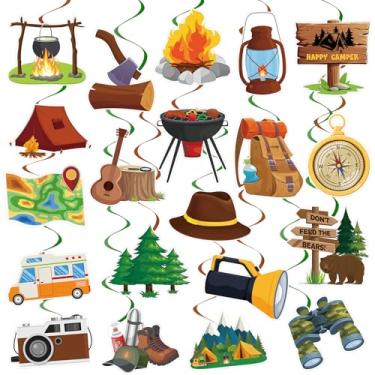 Imagem de 40 peças de decoração de redemoinho para acampamento, festa de campista feliz, redemoinhos, acampamento, aventura, ursos, barraca, telescópio, sinal, espirais metálicos, decorações de teto para
