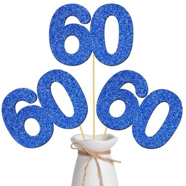 Imagem de Bastões de mesa de centro de aniversário de 60 anos com glitter, azul, número 60, topo de mesa para decoração de festa de aniversário de 60 anos