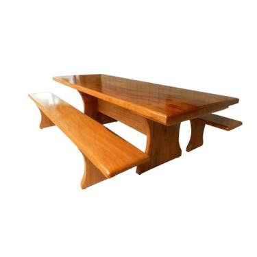 Imagem de Mesa Rústica Jantar Madeira Maciça de Angelim Tampo (2,0Mts x 0,86mts x 5,5cm), com 02 Bancos Tampo (2,0mts x 36cm x 4cm), Acabamento em Verniz Auto-Brilho, Pés formato Taça - 06 a 08 Lugares.