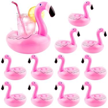 Imagem de Suporte inflável de flamingo, pacote com 12 boias para bebidas na piscina, suporte para copo de flamingo, para decorações de festa na piscina de verão e aniversário