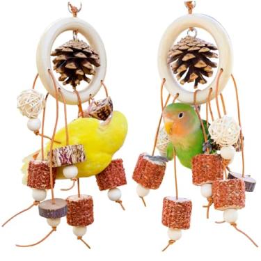 Imagem de CXYYXF Brinquedos para mastigar pássaros, brinquedos de madeira natural, brinquedos de mastigar com pinhas, espigas de milho, bolas de vime, acessórios de gaiola de aviário para calopsitas, papagaios