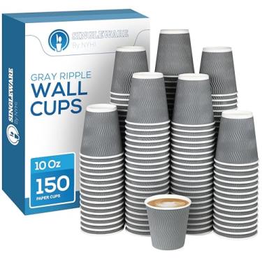 Imagem de NYHI Conjunto de 150 copos de papel cinza isolados ondulados para café e chá copos quentes recicláveis de 3 camadas para melhor isolamento perfeito para cappuccino quente coco ou bebidas geladas