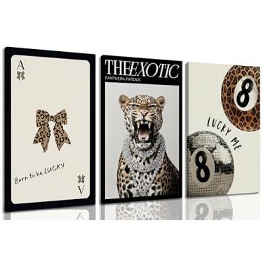 Imagem de Conjunto de 3 quadros emoldurados modernos de arte de parede em tela leopardo Funky Lucky 8 Ball Poster Prints Preppy Bow Room Aesthetic Wall Decor Cheetah With Jewels Pictures for Girls Bedroom