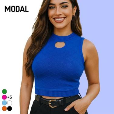 Imagem de Blusa Regata Cropped Feminino Tricot Modal Vazado Sem Manga - Vitrine 