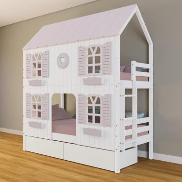 Imagem de Beliche Casinha Bela com Coração 2 Gavetas 4 Janelas Venezianas - Madeira Maciça Branco/Rosa | Housin