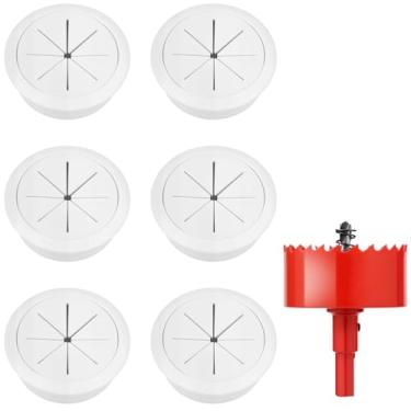 Imagem de Pacote com 6 ilhós para escrivaninha, ocultador de cabo de TV, kit de gerenciamento de cabos de parede de 60 mm (2-3/20.3 cm) com acessório de broca de serra de furo, capas de furo de arame