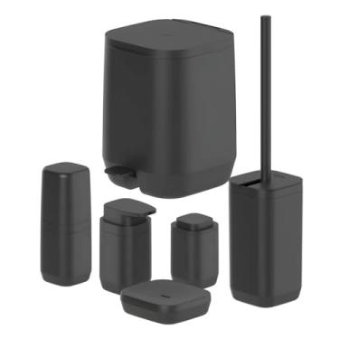 Imagem de Kit Banheiro 6pç Lixeira 6L + Porta Sabonete Escova Cotonete Dispenser Preto