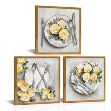 Imagem de WELMECO Decoração de sala de jantar arte de parede floral imagens de cozinha de fazenda impressões de flores decoração de parede rústica para sala de jantar, arte emoldurada 30 x 30 x 3 peças (amarelo