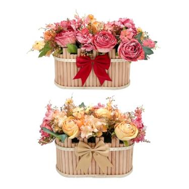 Imagem de Decoração de mesa de jantar - Arranjo de flores artificiais pré-fabricadas com vaso de madeira para decoração de casa de fazenda, cozinha, banheiro, sala de estar (laranja-vermelho)