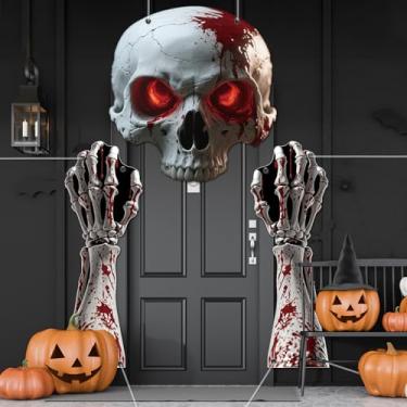Imagem de 3Pcs Halloween Skull Archway Door Banner Halloween Gothic Skeleton Porch Banner Bloody Skeleton Door Hanging Decorations Scary Skull Porch Sign for Outdoor Indoor Haunted House Party Supplies