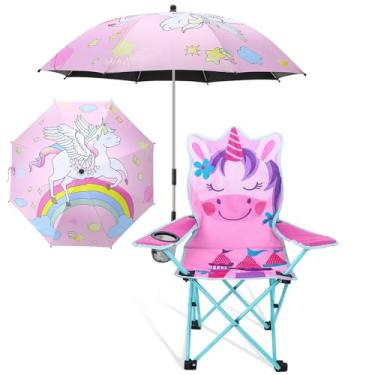 Imagem de KABOER Cadeira de acampamento dobrável ao ar livre com estampa de unicórnio rosa infantil com suporte para copos, bolsa de transporte e bolsa de guarda-chuva para praia, piquenique, acampamento