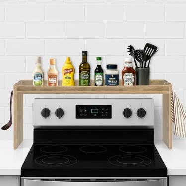 Imagem de Prateleira sobre o fogão, prateleira superior de fogão a lenha, prateleiras organizadoras de fogão de 80 cm com 6 ganchos, prateleira de temperos de 29 cm de altura para cozinha, carvalho branco