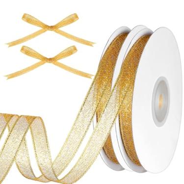 Imagem de Fita dourada com glitter de 50 metros, fitas de tecido brilhante de 1/10.2 cm para artesanato, fita dourada fina para costura, embrulho de presente, Natal, Páscoa, dia dos namorados, decorações de