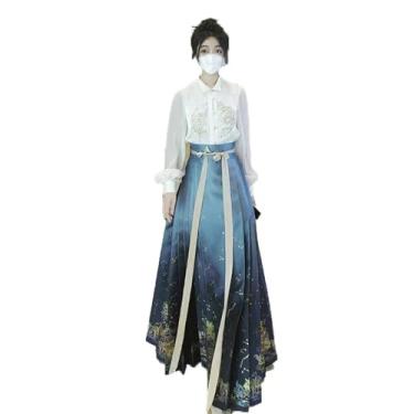 Imagem de Camisa bordada moderna azul com cara de cavalo saia tradicional Hanfu feminina dinastia Ming fantasias cosplay princesa