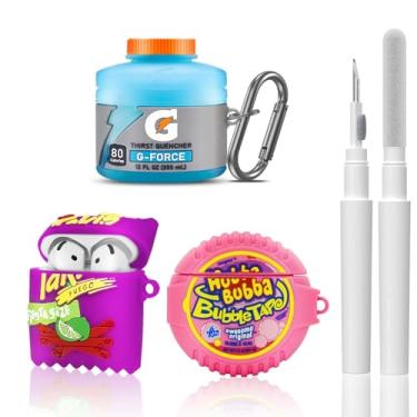 Imagem de Pacote com 3 capas fofas para Airpods 4 – Capa de silicone com desenho 3D engraçado de alimentos compatível com AirPods 4ª geração – Acessórios de capa fofa com chaveiro/caneta de limpeza (azul + roxo