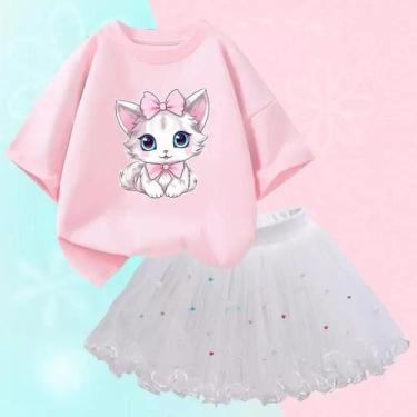 Imagem de Conjunto de 2 Peças Verão para Meninas - Camiseta de Gato e Saia Tutu,