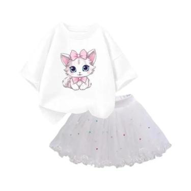 Imagem de Conjunto de 2 Peças Verão para Meninas - Camiseta de Gato e Saia Tutu,