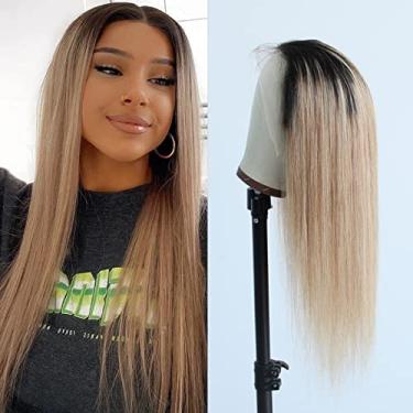 Imagem de Aprilhair Perucas frontais entrelaçadas Ombre #1B/27 raízes escuras, loiro 360, sem cola, 150% de densidade, cabelo humano virgem brasileiro com baby hair completo (25 cm, peruca frontal entrelaçada lisa)