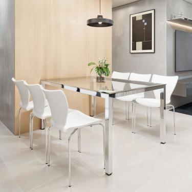 Imagem de Conjunto Mesa de Jantar Retangular 160cm x 75cm Tampo de Vidro Smart com 6 Cadeiras Mono Cromado/Branco