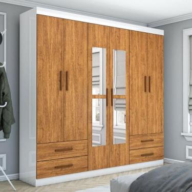 Imagem de Guarda-Roupa Casal Genova 6 Portas 4 Gavetas com Espelho Branco/Cinamo