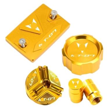 Imagem de Compatível com MT07 MT 07 Mt-07 FZ07 2015-2022 2023 2024 Acessórios Tampa do reservatório de fluido de freio dianteiro traseiro tampas de válvula de enchimento de óleo (4 peças douradas)