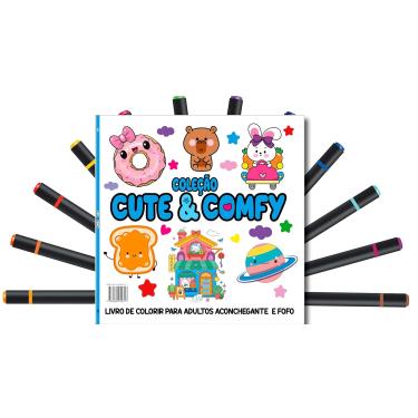 Imagem de Livro de Colorir Adultos Cute & Comfy - 24 Ilustrações + 12 Marcadores Ponta Dupla