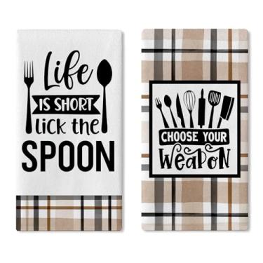 Imagem de Croar Life is Short Lick The Spoon Conjunto de 2 panos de prato de cozinha, talheres engraçados, xadrez, búfalo, toalha de mão, pano de cozimento, presente de inauguração, decoração de casa de banho