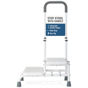 Imagem de Houseables Banqueta com alça, banquetas para idosos, escadas portáteis, escada para deficientes, com corrimão, 2 plataformas, para idosos, pessoas, adultos, banheira, chuveiro, deficientes