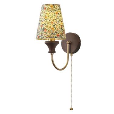 Imagem de Luminária de parede retrô de madeira maciça, decoração vintage para casa, com interruptor de corrente e abajur de tecido com padrão floral, luminária de parede de arte em madeira de nogueira