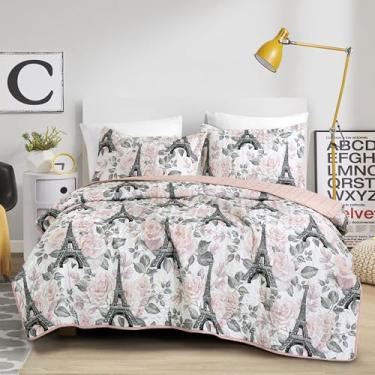 Imagem de MarCielo Conjunto de colcha infantil leve com fronhas, Torre Eiffel de Paris e roupa de cama floral rosa