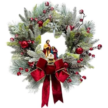 Imagem de Guirlanda de Natal artificial pré-iluminada de 55 cm com estatueta de presépio de Jesus, enfeites de bola de glitter, ramos de cedro, agulhas de pinheiro, bagas e temporizador para decoração de Natal