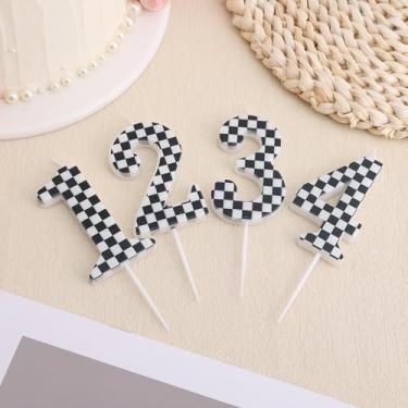 Imagem de Vela Aniversário Carro de Corrida, Preto e BrancoVelas Bandeira Xadrez Números Decoração Festa Feliz Aniversário Topo Bolo para Menino Infantil Tema Carro de Corrida Artigos Festa (Número 3)