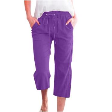 Imagem de Calças Capri My+Orders para mulheres, linho, cordão, roxo, tamanho M -