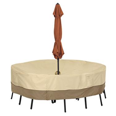 Imagem de Classic Accessories Varanda Conjunto de mesa e cadeira de pátio redondo resistente à água de 152 cm com furo de guarda-chuva