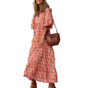 Imagem de Vestido longo BIVENANT Boho 2024 Bohemian com decote em V e manga folh