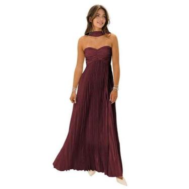 Imagem de Vestido de dama de honra KMQSY Burgundy Chiffon longo com cachecol tam