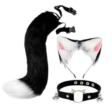 Imagem de UGPLM Conjunto de orelhas e cauda de gato e, acessórios para fantasia de cauda longa para dramatização baile de máscaras, Preto Branco