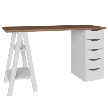 Imagem de Mesa Para Escritório Escrivaninha Home Office 05 Gavetas Spirit Nogal A02 Branco - Lyam Decor