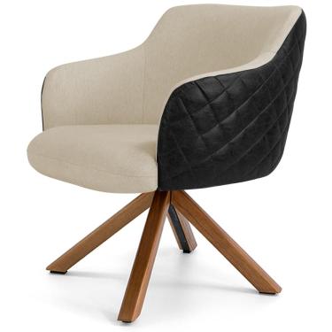 Imagem de Poltrona Base Giratória de Madeira Jade D02 Linho Bege C-129 Tressê Corano Preto - Lyam Decor