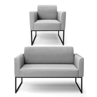 Imagem de Sofá Namoradeira com Poltrona Base Industrial Preto Marisa Suede Cinza