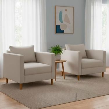 Imagem de Kit 2 Poltronas Estofadas Cadeiras Luxo Grande Moderna Sala de Estar Escritório Varanda Quarto (Linho Bege)