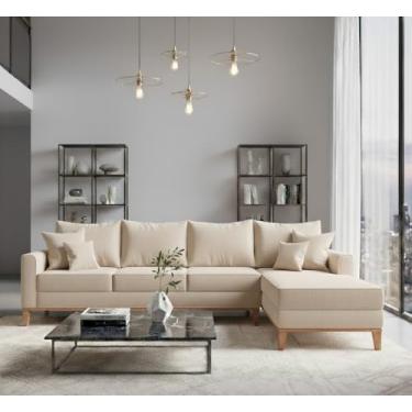 Imagem de Sofá Beny com Chaise Direita, 2,60x1,40m, 4 Lugares, Linho, Base em Madeira. (Cru)