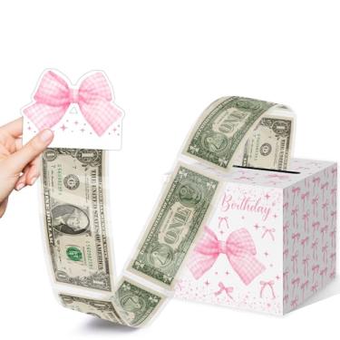 Imagem de Caixa de presente de aniversário de laço rosa, decorações de festa de feliz aniversário, caixas de dinheiro rosa com tira de gaveta, caixa de presente surpresa com laço fofo, caixas de dinheiro para